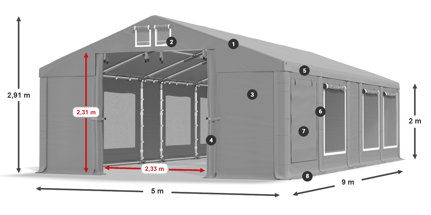 Střecha: MS 580 PVC Stěny: SD M 500 PVC 2m legenda