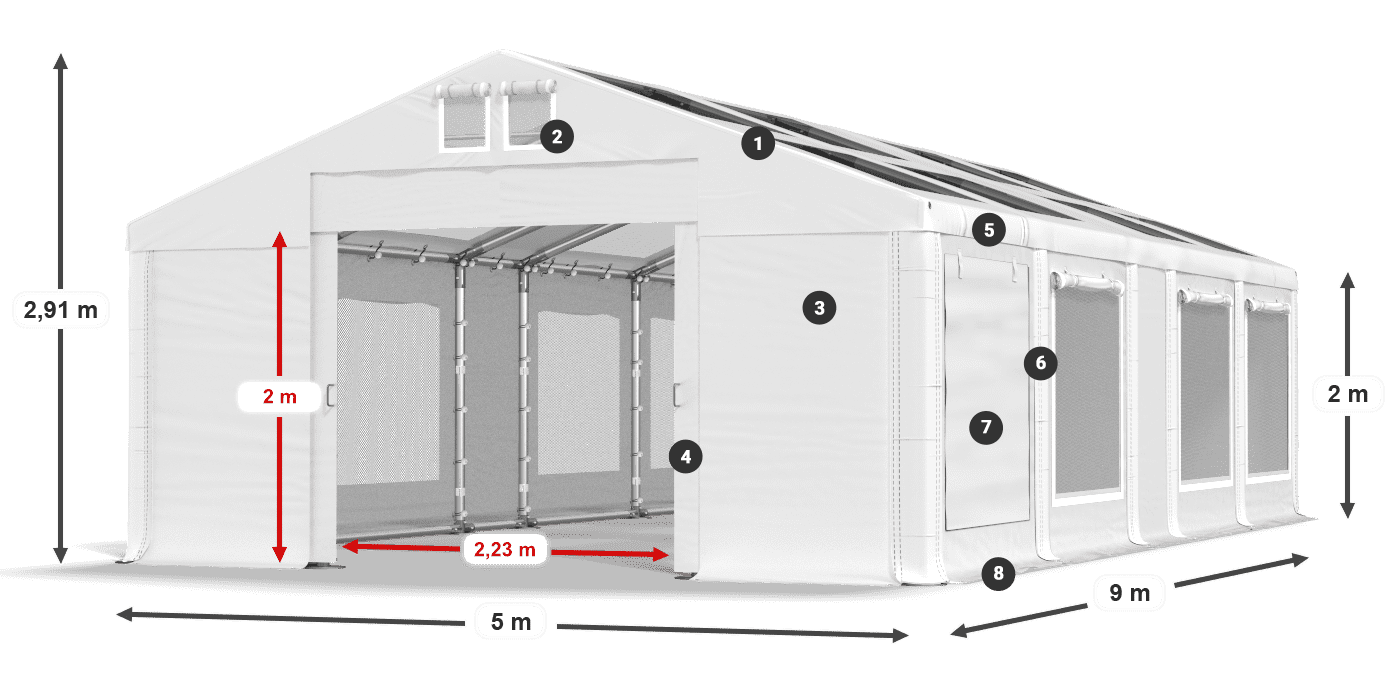 Střecha: MS T 580 PVC Stěny: SDM 500 PVC 2m legenda