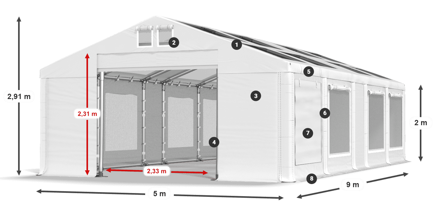 Střecha: MS T 580 PVC Stěny: SDM 500 PVC 2m legenda