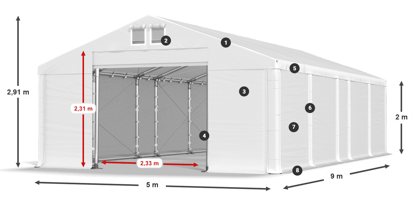 Střecha: MS 580 PVC Stěny: SD 500 PVC 2m legenda