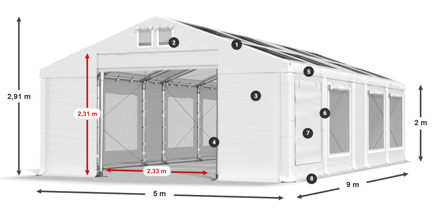 Střecha: MS T 580 PVC Stěny: SDM 500 PVC 2m legenda
