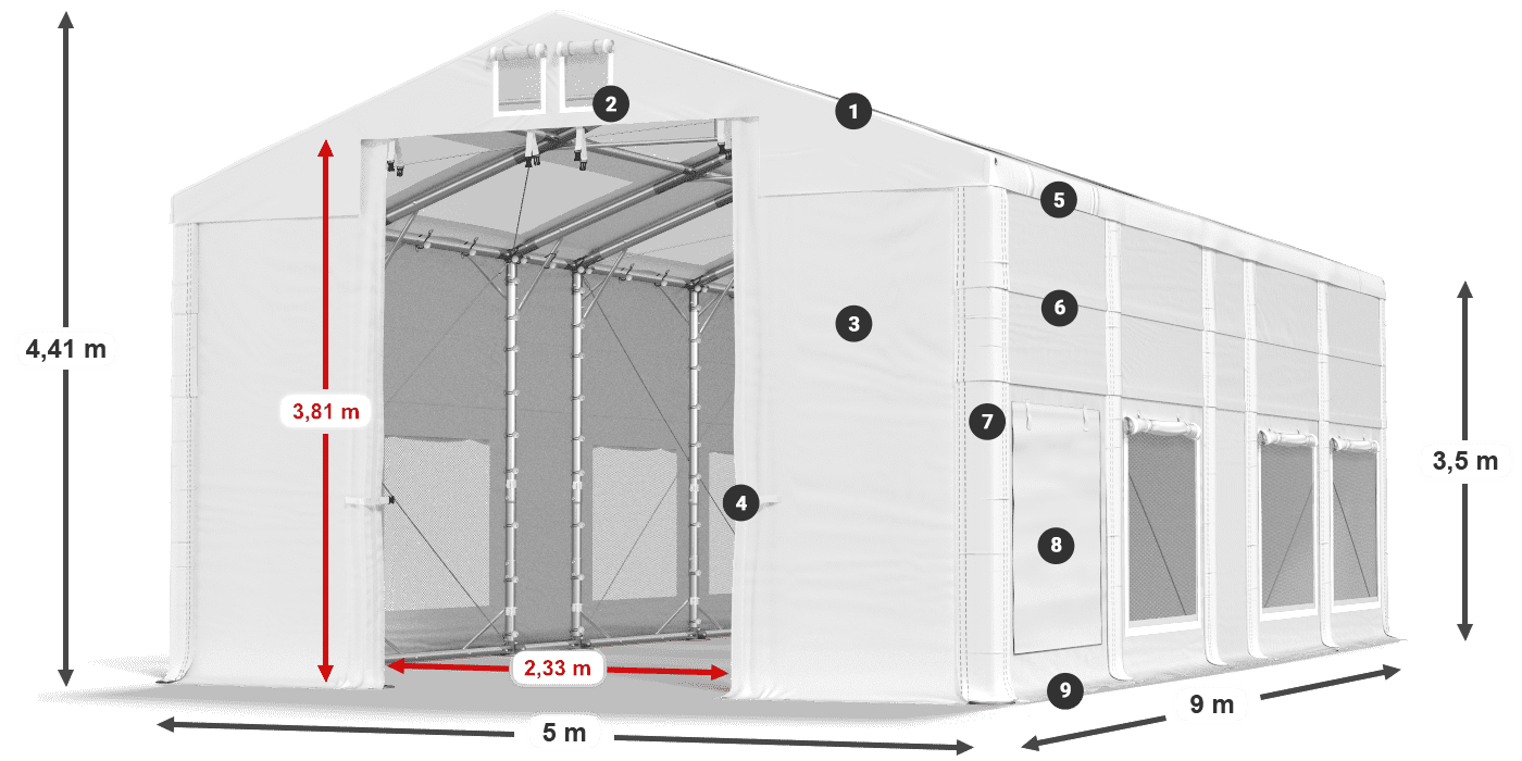 Střecha: MS T 580 PVC Stěny: SD M 500 PVC 2,5 m legenda