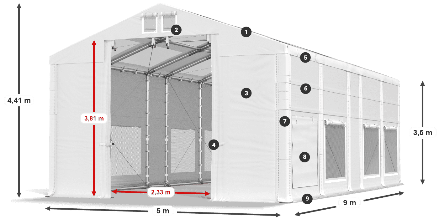 Střecha: MS T 580 PVC Stěny: SD M 500 PVC 2,5 m legenda
