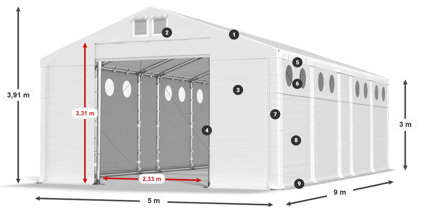 Střecha: FR 620 PVC Stěny: MS O 580 PVC 3m legenda
