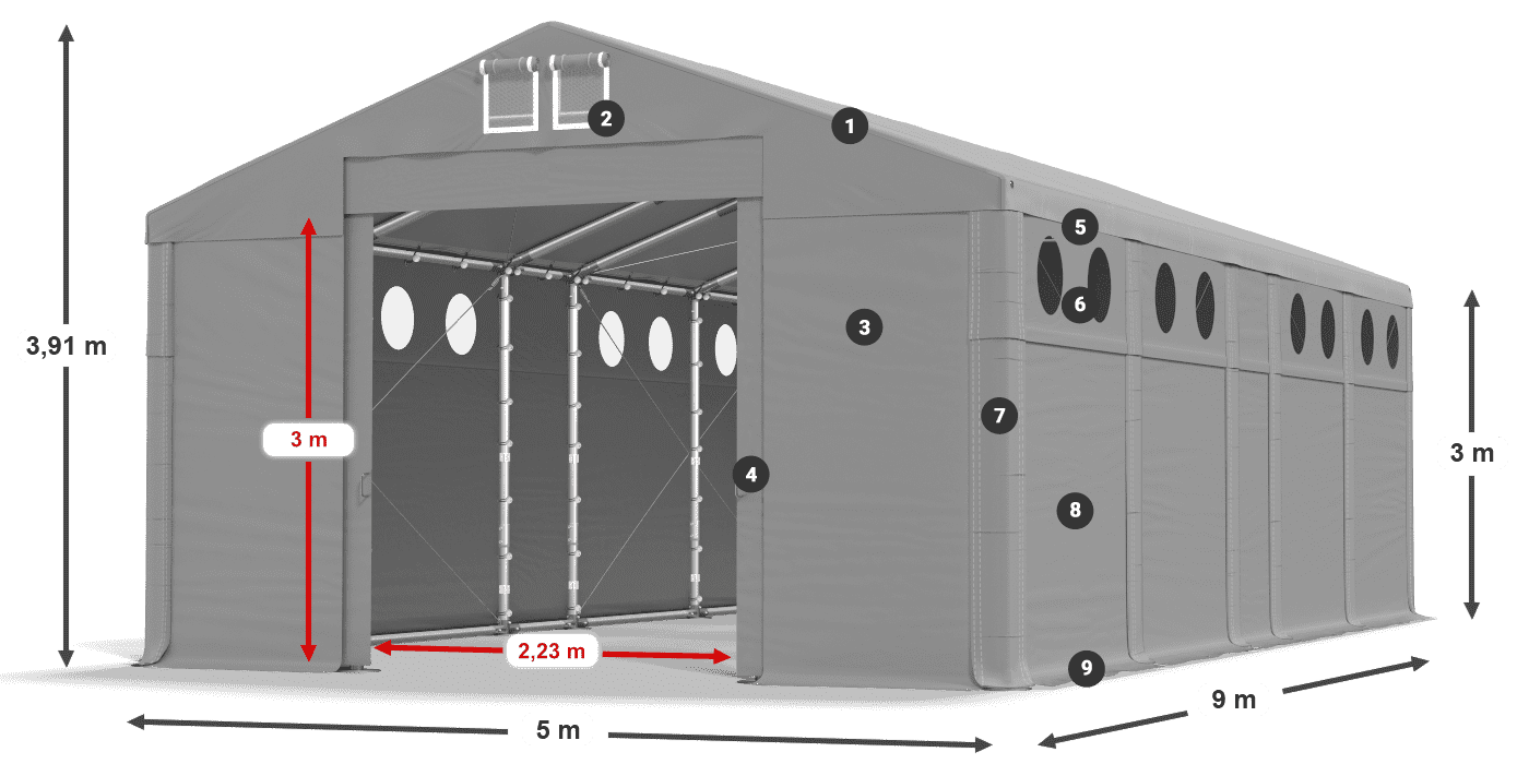 Střecha: FR 620 PVC Stěny: MS O 580 PVC 3m legenda