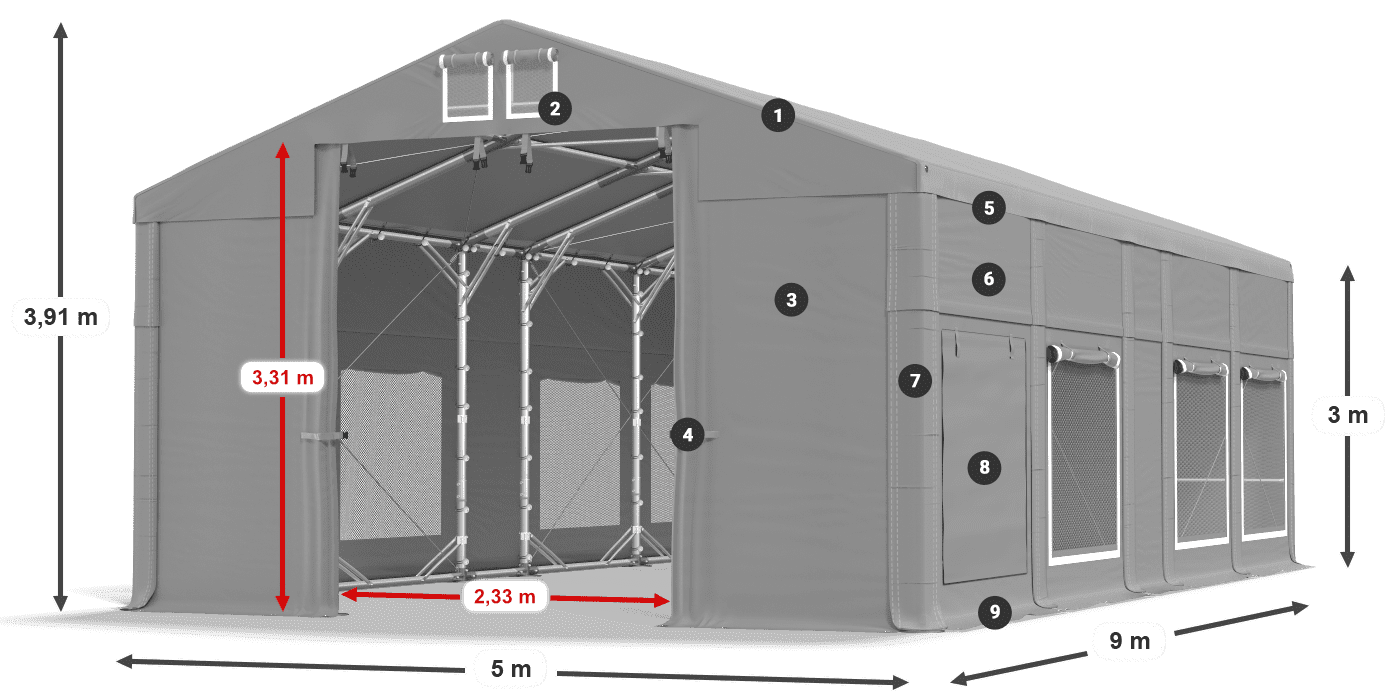 Střecha: FR 620 PVC Stěny: SD 500 PVC 3m legenda