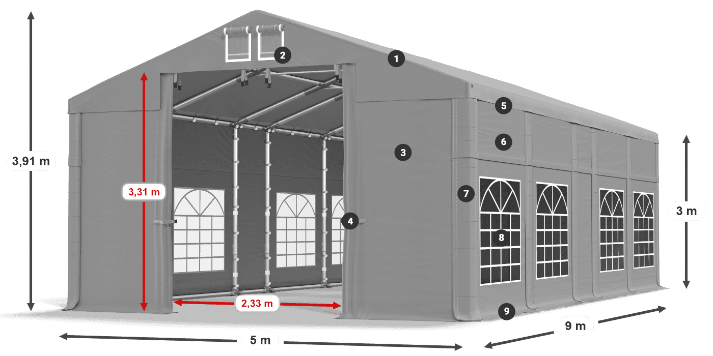 Střecha: FR 620 PVC Stěny: SD 500 PVC 3m legenda