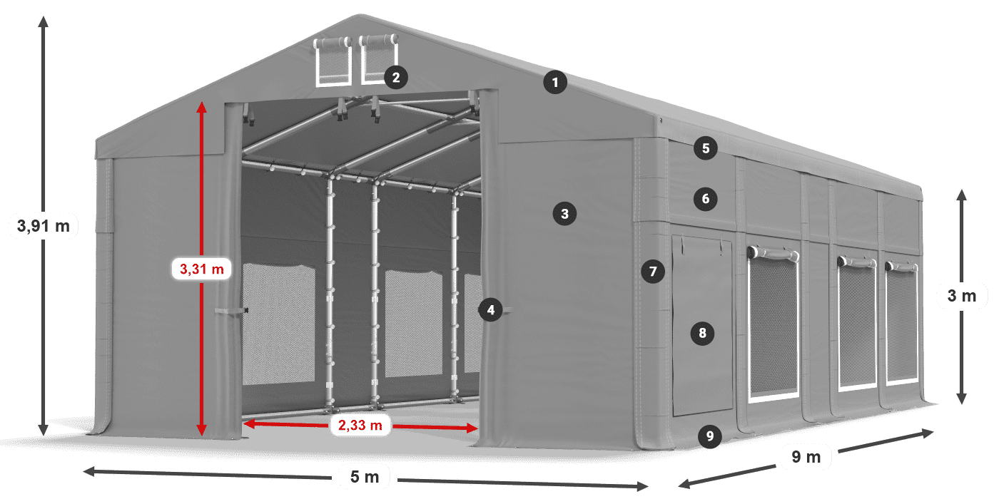 Střecha: FR 620 PVC Stěny: SD 500 PVC 3m legenda