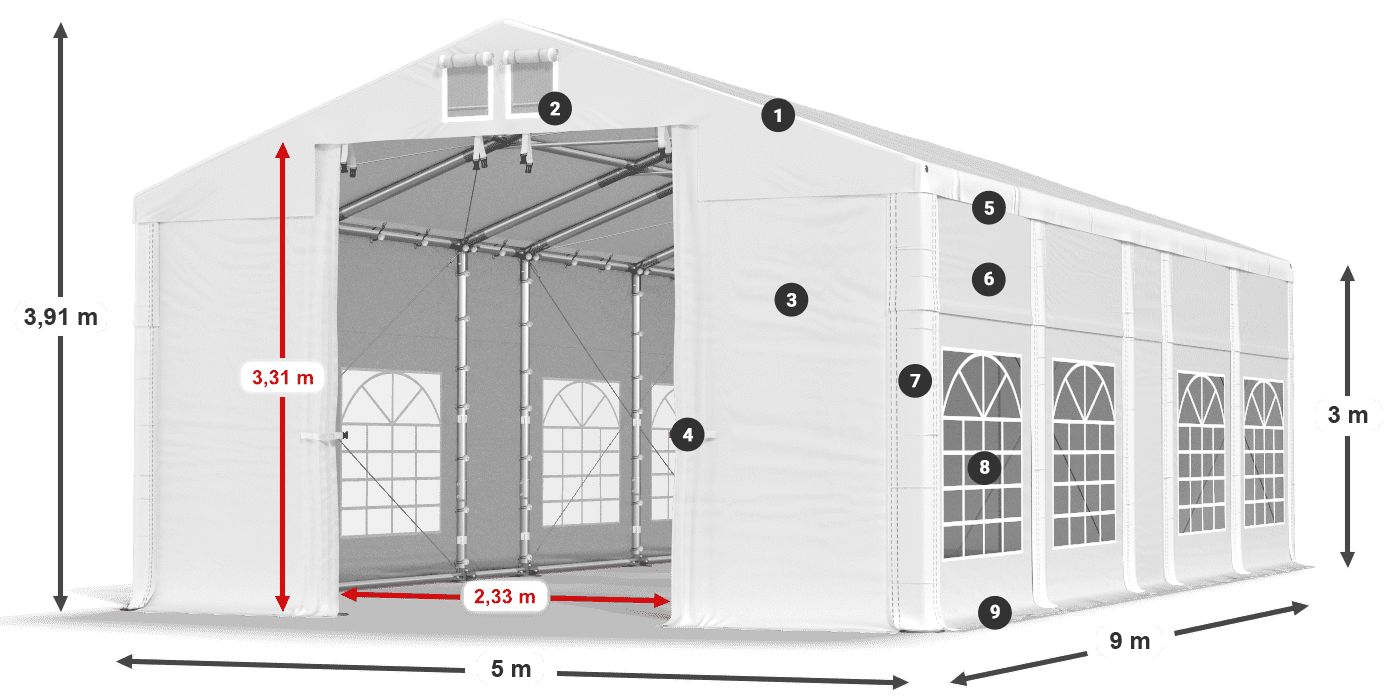 Střecha: FR 620 PVC Stěny: SD 500 PVC 3m legenda