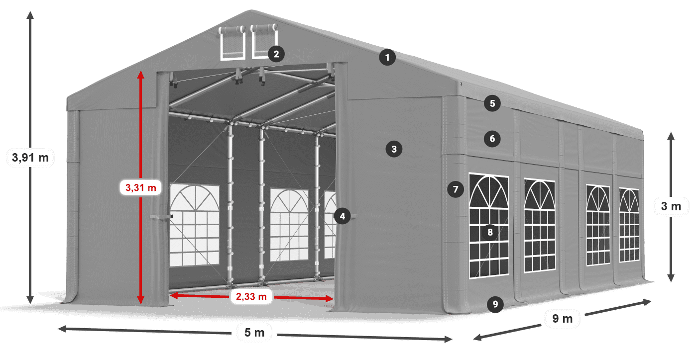 Střecha: FR 620 PVC Stěny: SD 500 PVC 3m legenda