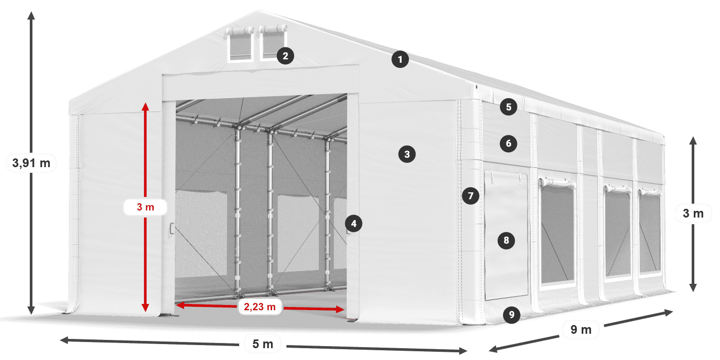Střecha: MS 580 PVC Stěny: SD M 500 PVC 3m legenda