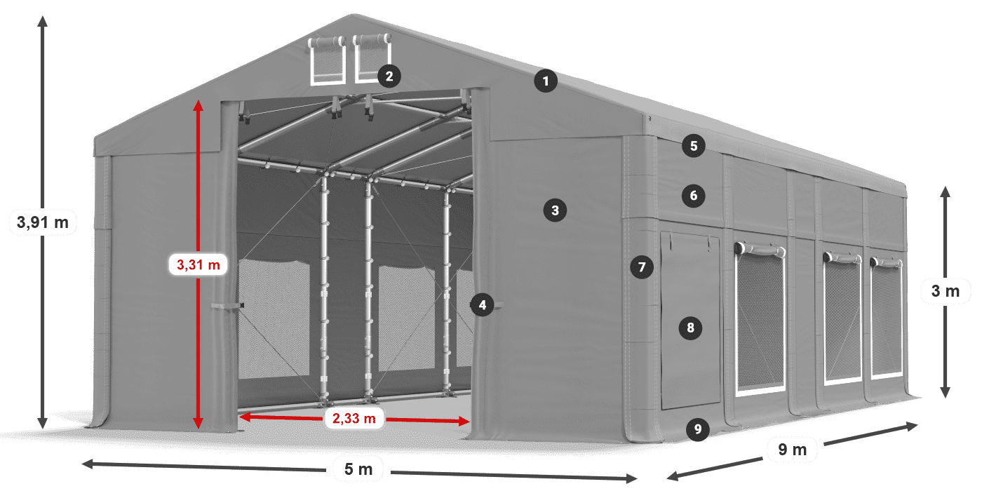 Střecha: MS 580 PVC Stěny: SD M 500 PVC 3m legenda