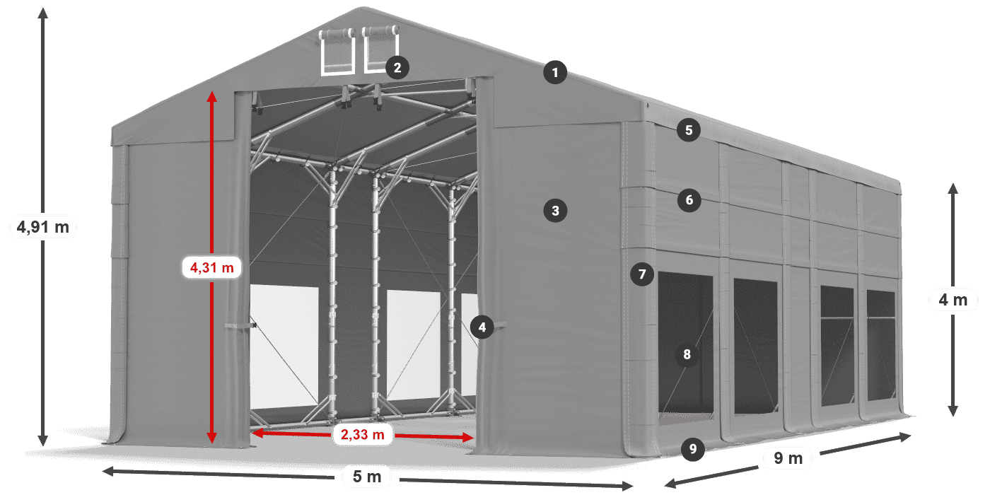 Střecha: FR 620 PVC Stěny: MS 580 PVC 4m legenda