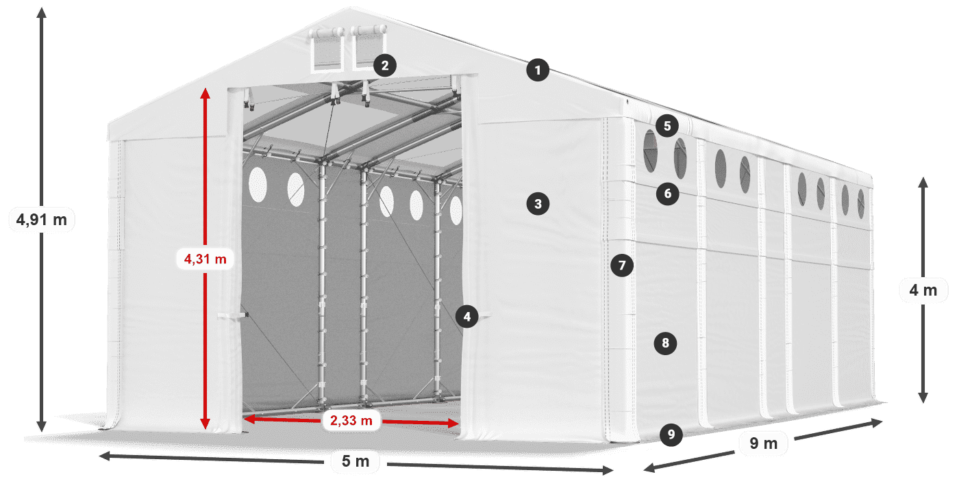 Střecha: MS T 580 PVC Stěny: MS O 580 PVC 4m legenda