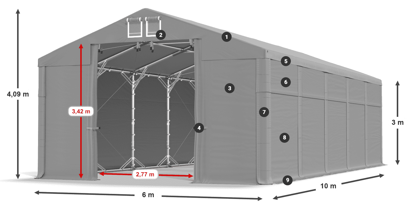 Střecha: MS 580 PVC Stěny: FR 620 PVC  3m legenda