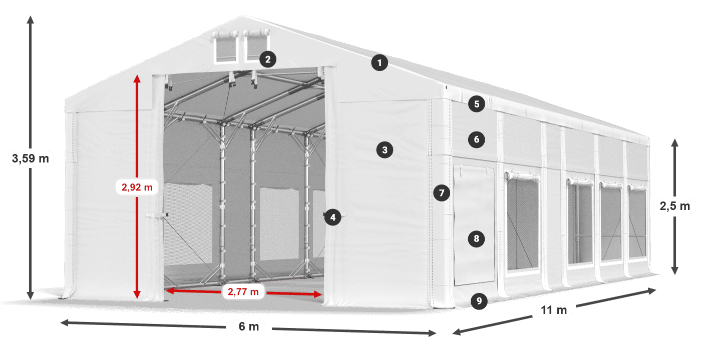 Střecha: MS 580 PVC Stěny: SD M 500 PVC 2,5 m legenda