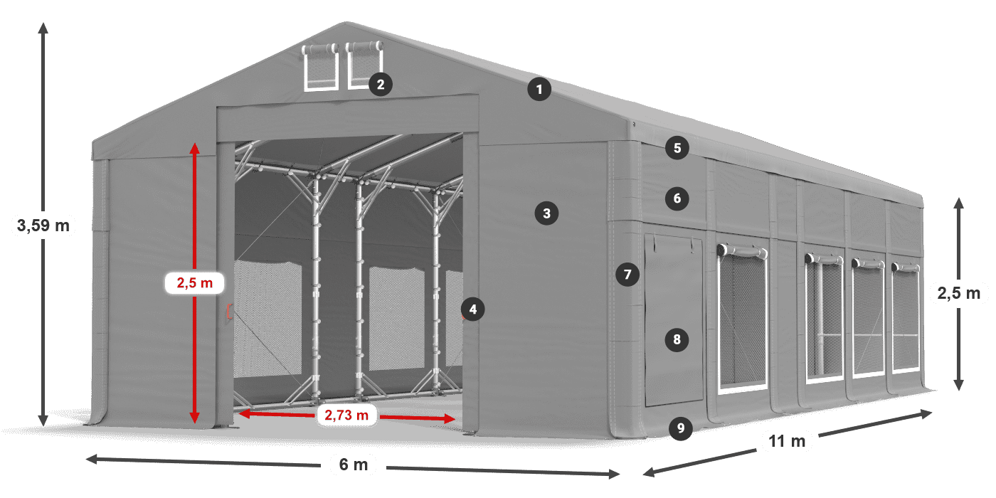 Střecha: MS 580 PVC Stěny: SD M 500 PVC 2,5 m legenda