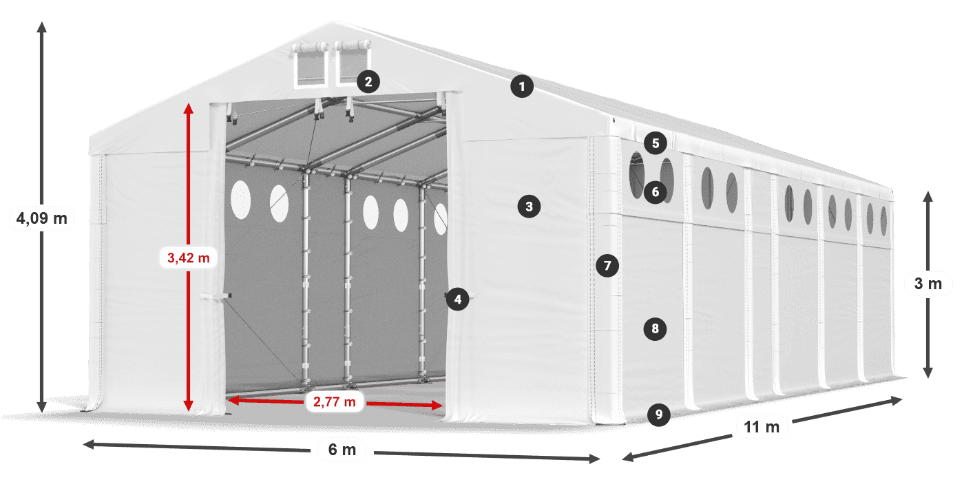 Střecha: FR 620 PVC Stěny: MS O 580 PVC 3m legenda