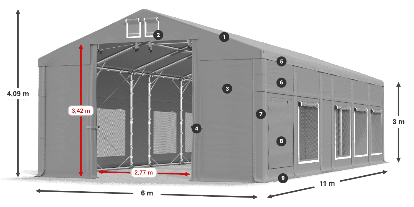 Střecha: FR 620 PVC Stěny: SD 500 PVC 3m legenda