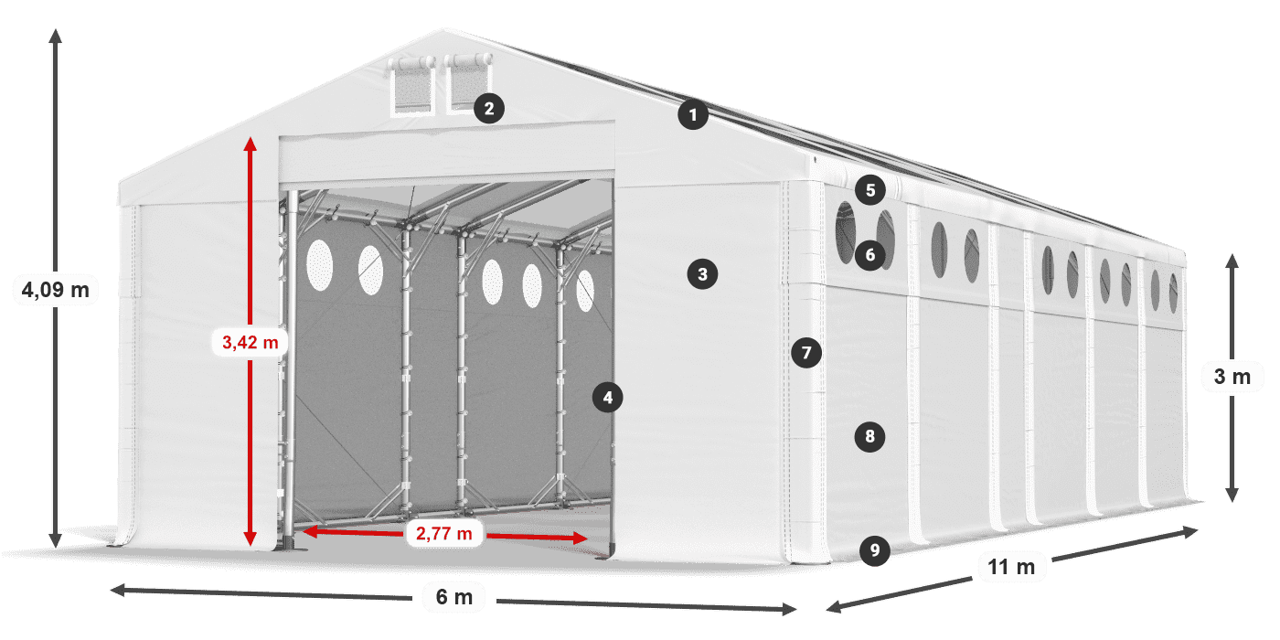 Střecha: MS T 580 PVC Stěny: FR O 620 PVC 3m legenda