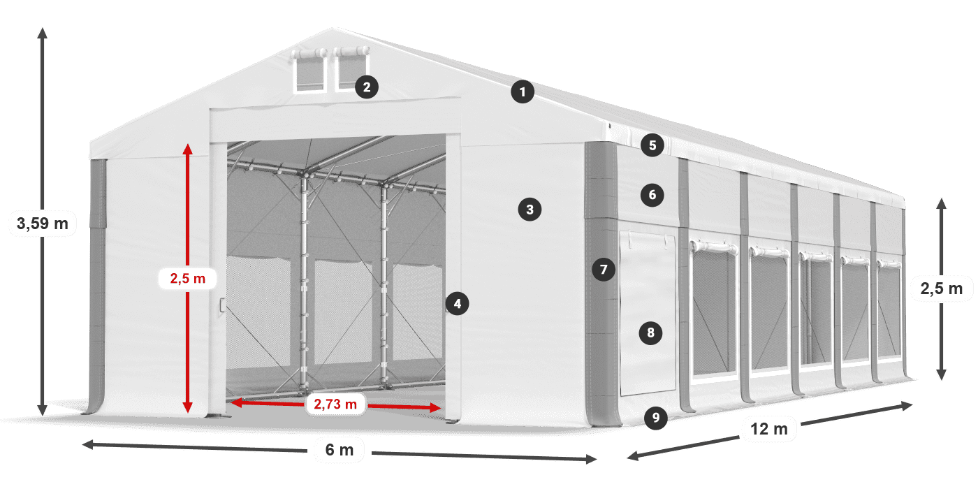 Střecha: FR 620 PVC Stěny: SD 500 PVC 2,5 m legenda