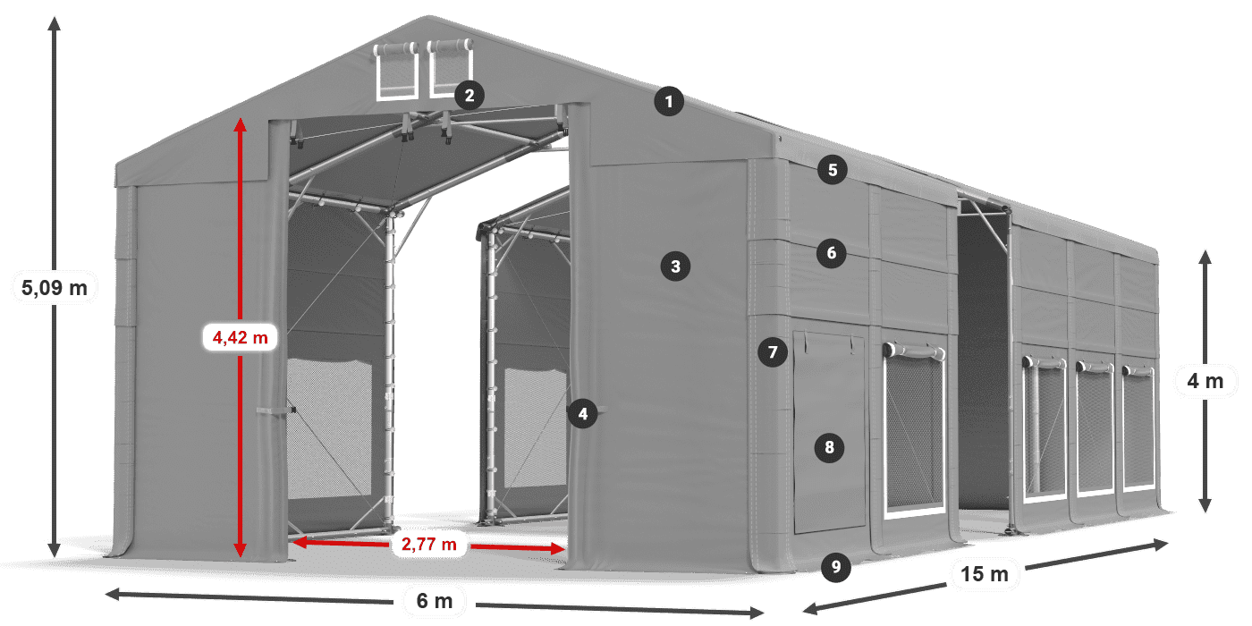 Střecha: FR 620 PVC Stěny: SD 500 PVC 4m legenda