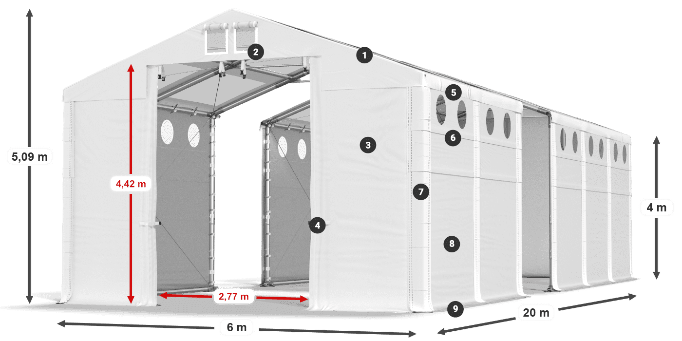 Střecha: MS T 580 PVC Stěny: FR O 620 PVC 4m legenda