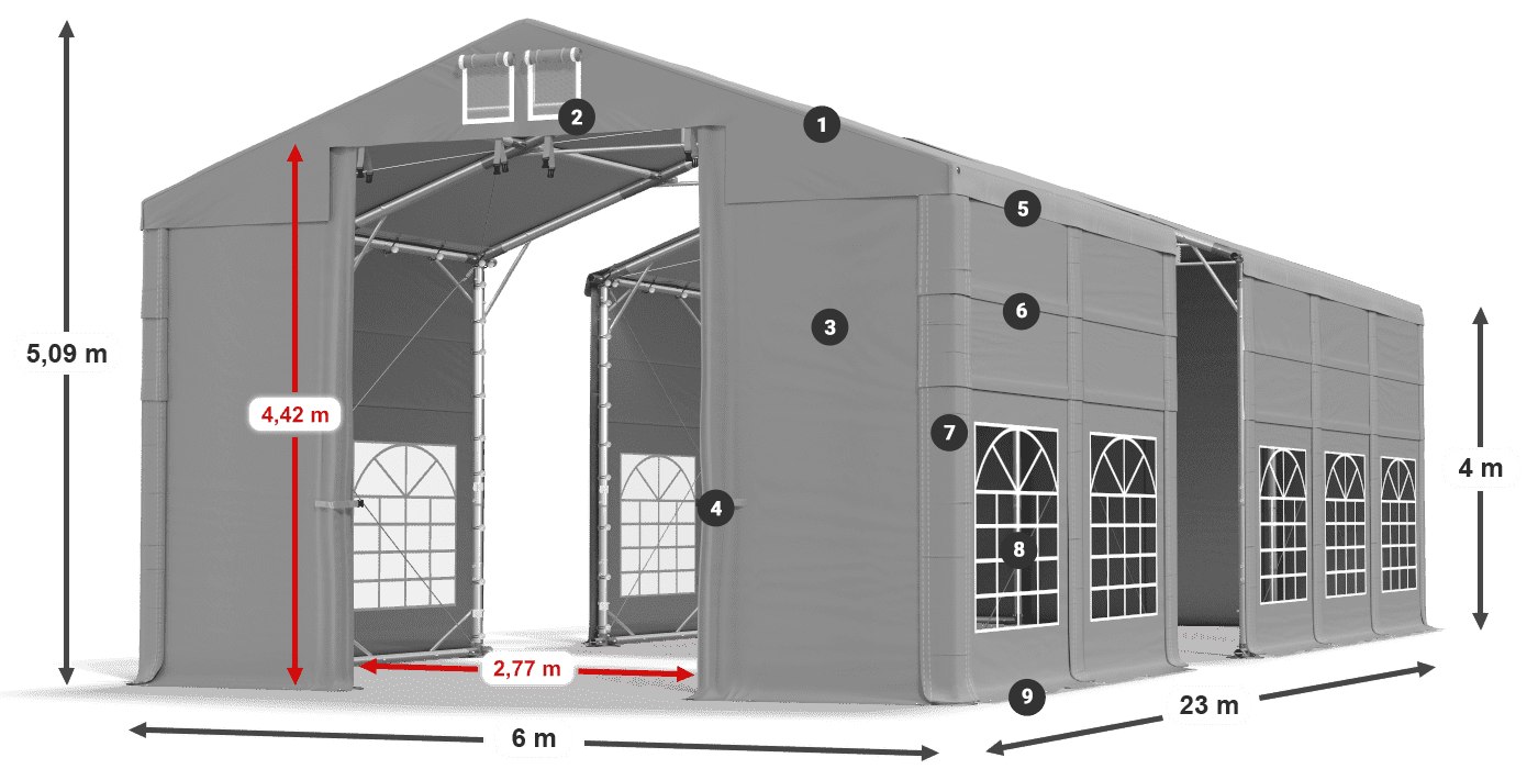 Střecha: FR 620 PVC Stěny: SD 500 PVC 4m legenda