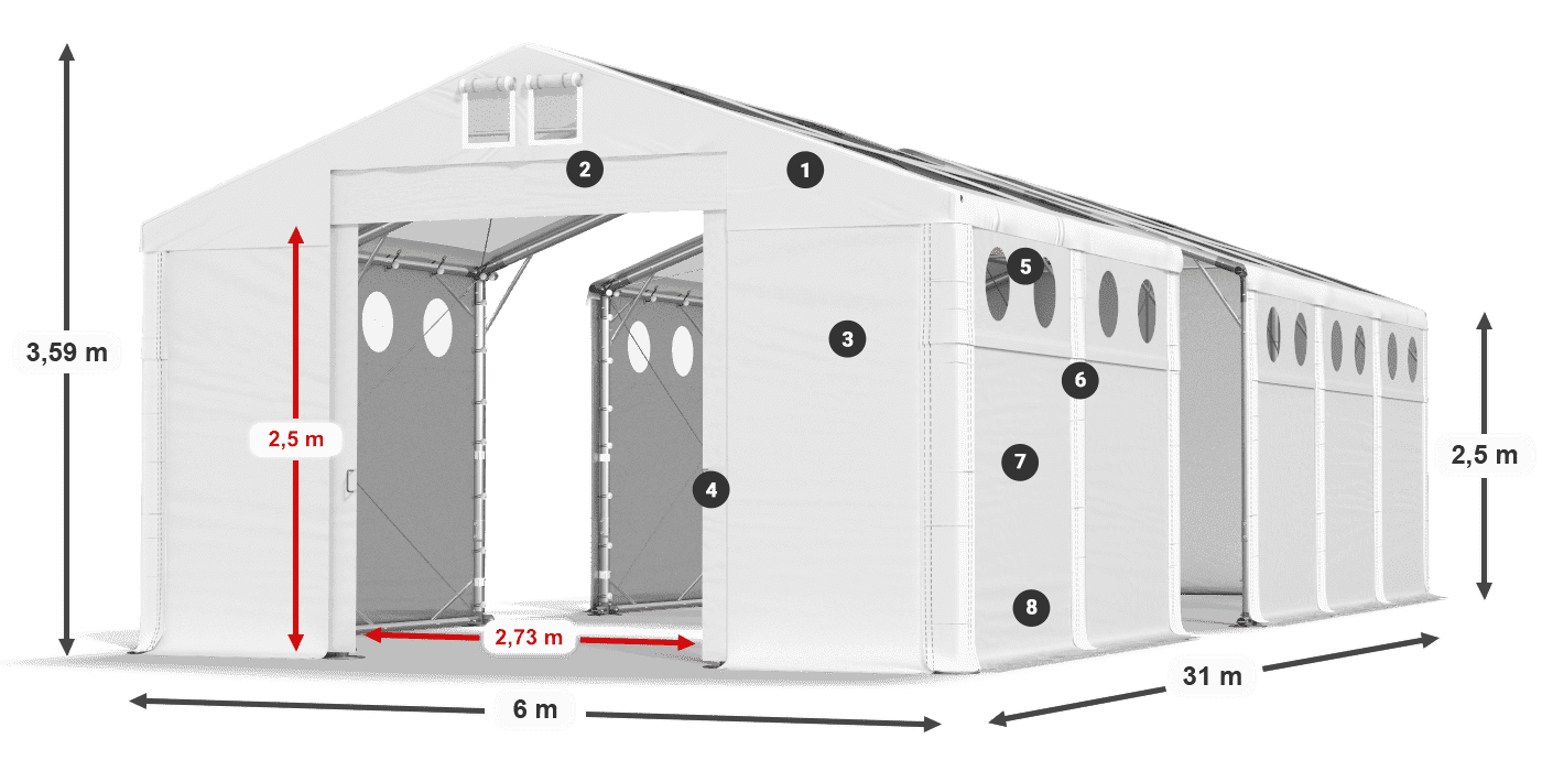 Střecha: MS T 580 PVC Stěny: FR O 620 PVC 2,5 m legenda