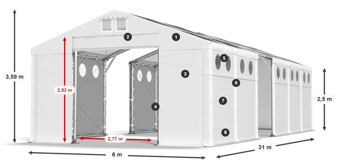 Střecha: MS T 580 PVC Stěny: FR O 620 PVC 2,5 m legenda