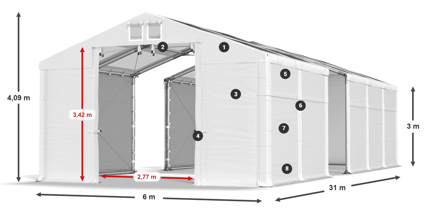 Střecha: MS T 580 PVC Stěny: FR 620 PVC 3m legenda