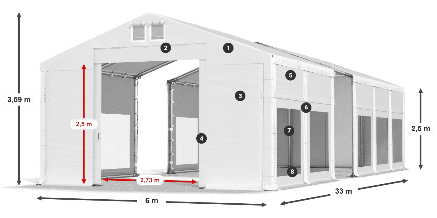 Střecha: FR 620 PVC Stěny: MS 580 PVC 2,5 m legenda