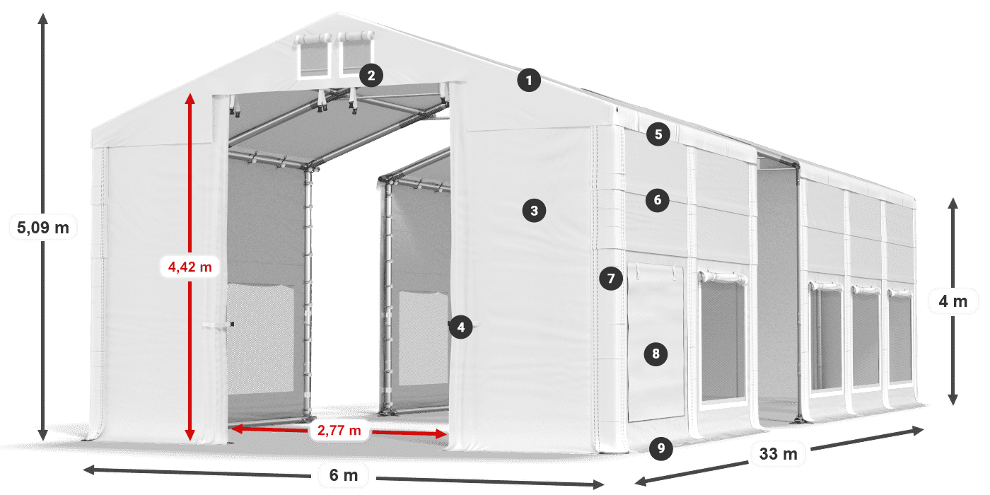 Střecha: MS 580 PVC Stěny: SD M 500 PVC 4m legenda