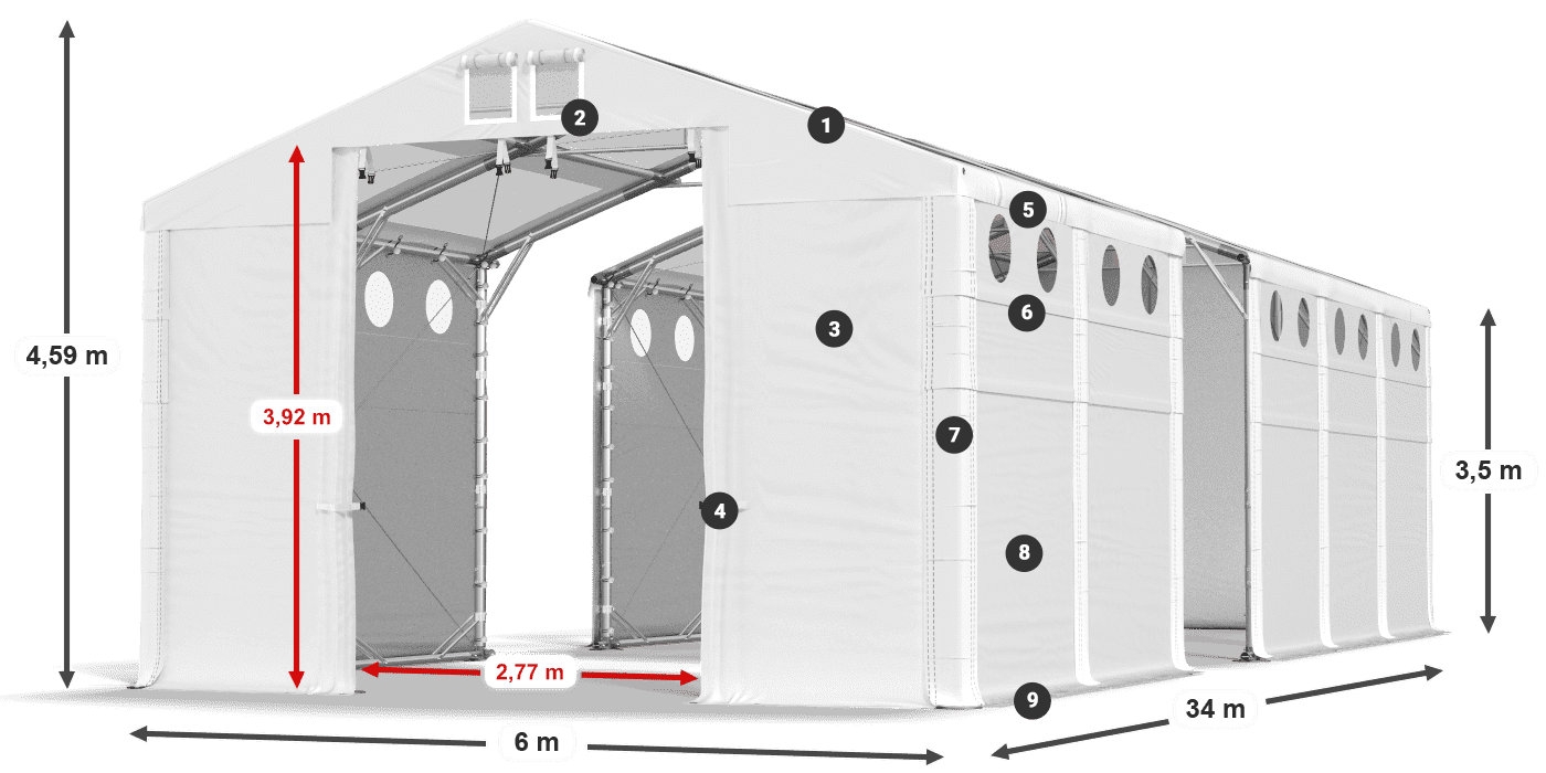 Střecha: MS T 580 PVC Stěny: FR O 620 PVC 3,5m legenda