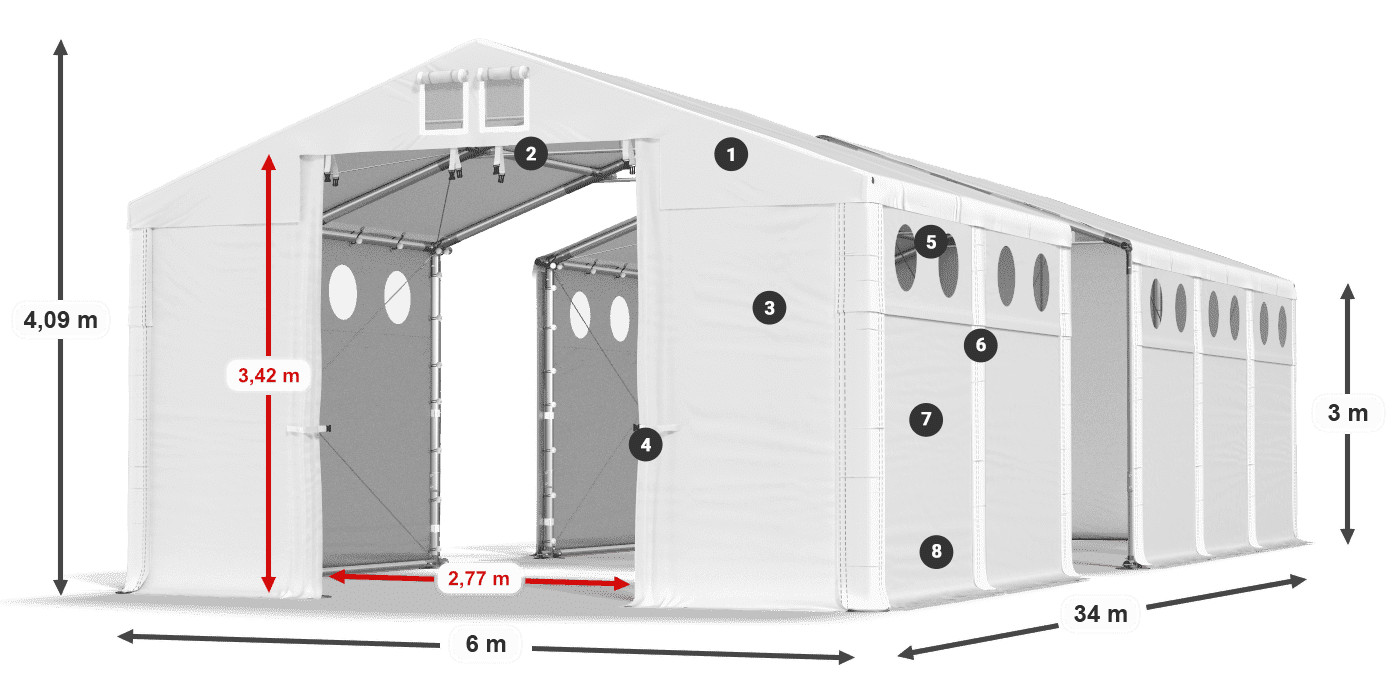 Střecha: FR 620 PVC Stěny: MS O 580 PVC 3m legenda