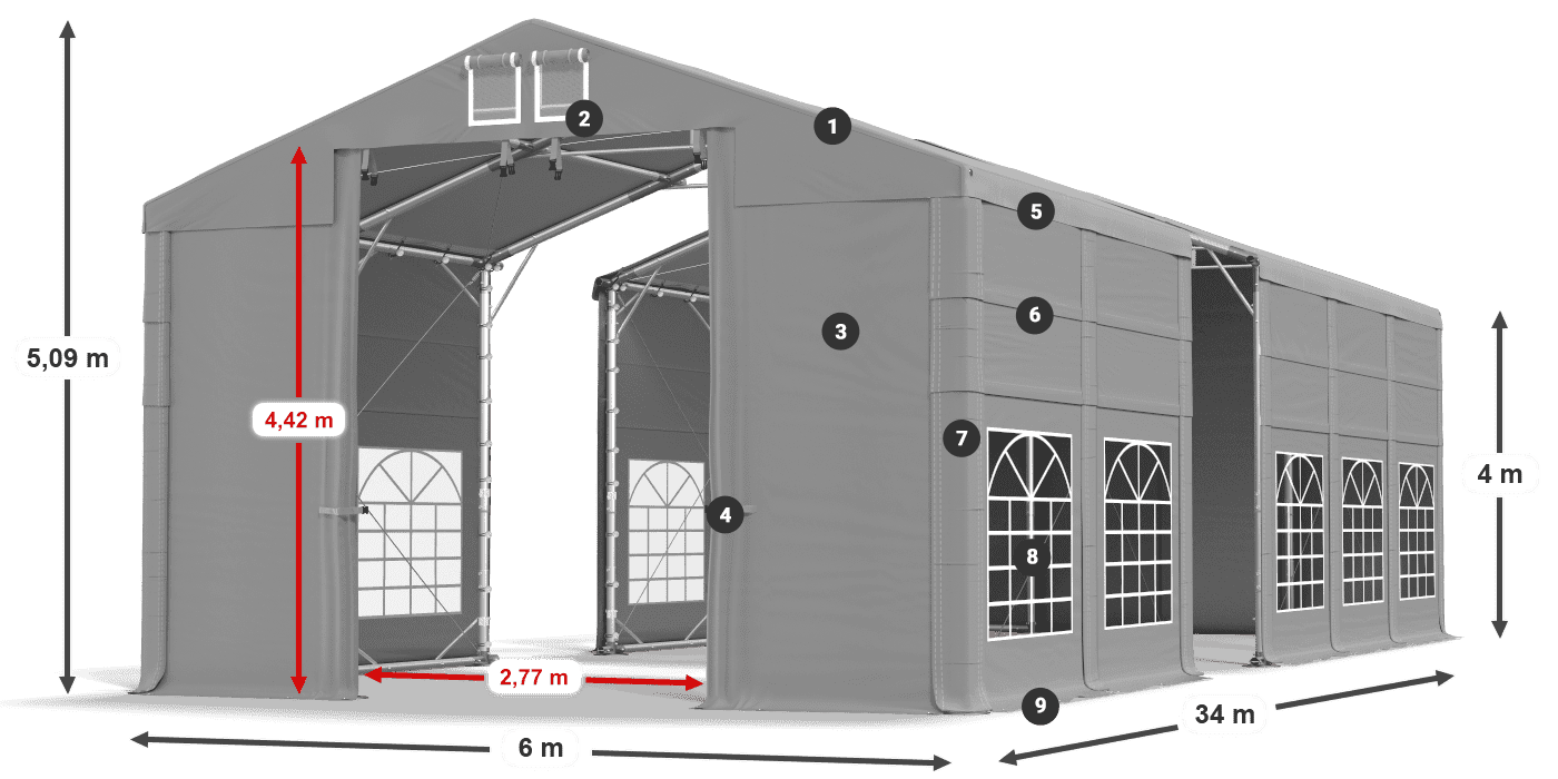 Střecha: FR 620 PVC Stěny: SD 500 PVC 4m legenda