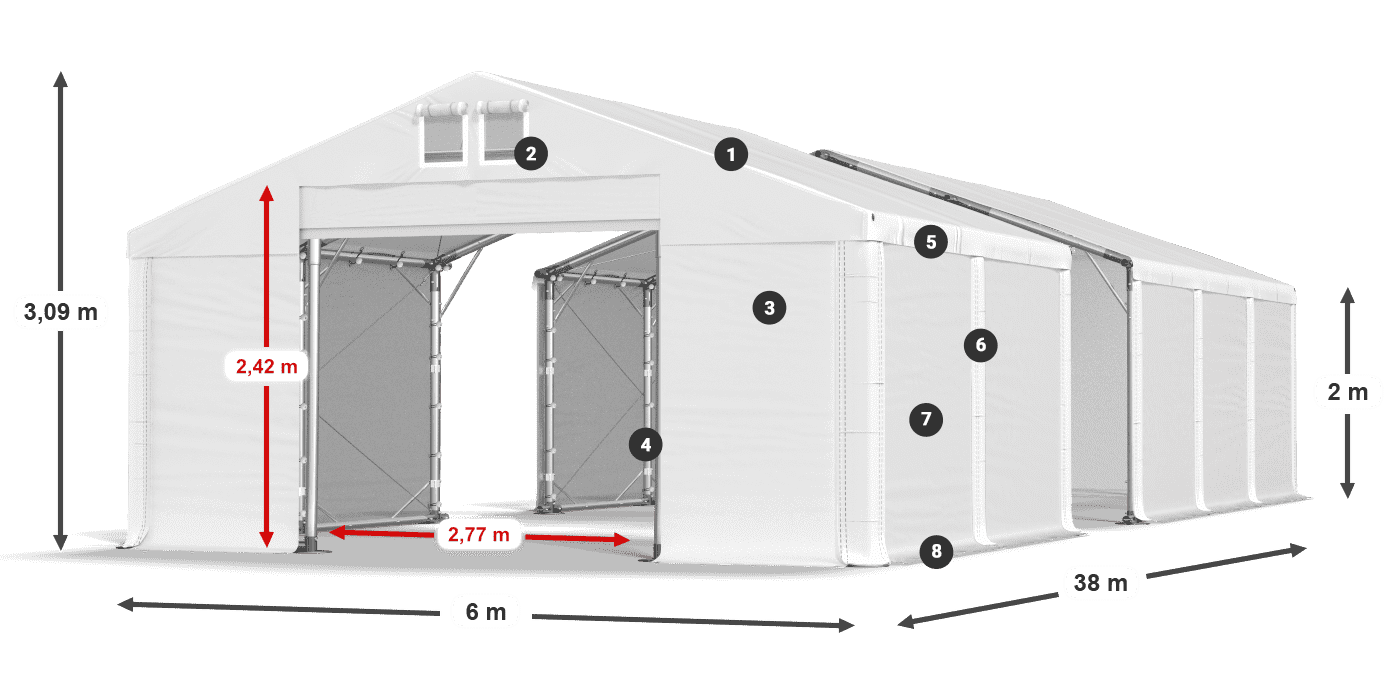 Střecha: MS 580 PVC Stěny: FR M 620 PVC 2m legenda
