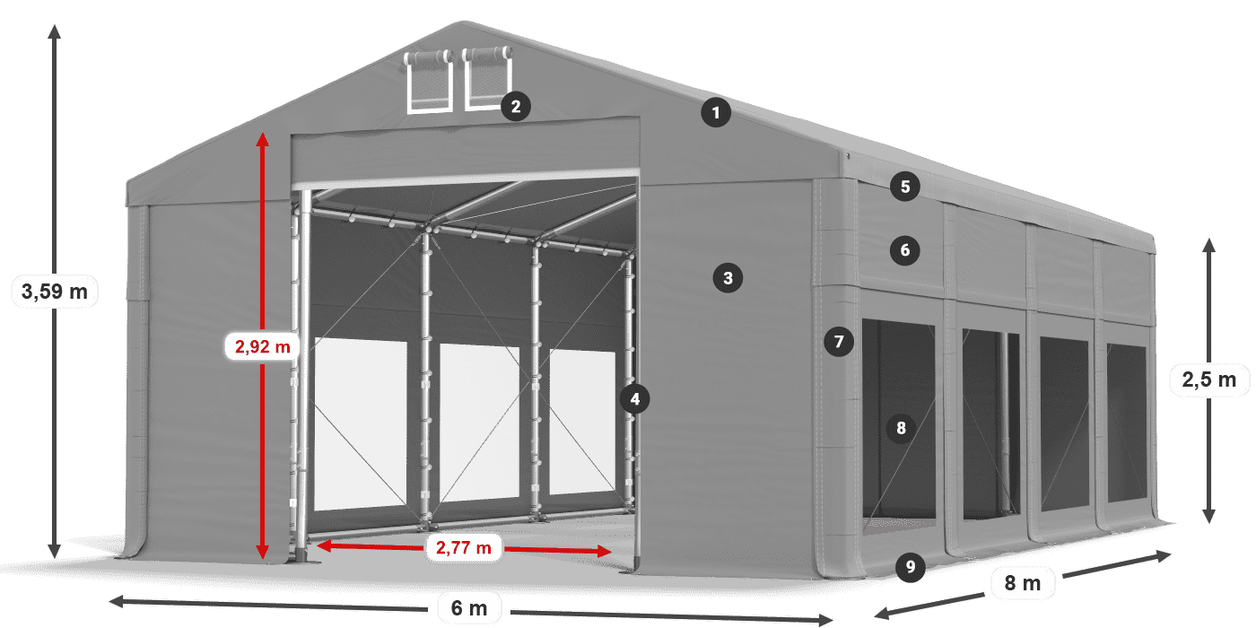 Střecha: FR 620 PVC Stěny: MS 580 PVC 2,5 m legenda