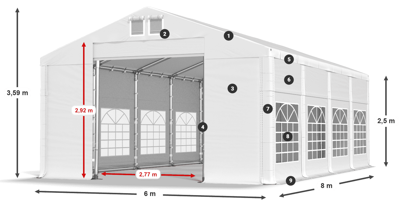 Střecha: MS 580 PVC Stěny: FR 620 PVC 2,5 m legenda