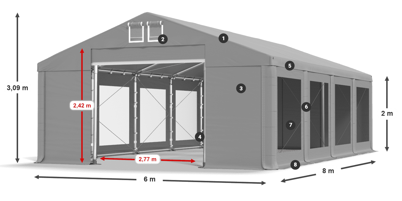 Střecha: FR 620 PVC Stěny: MS 580 PVC 2m legenda