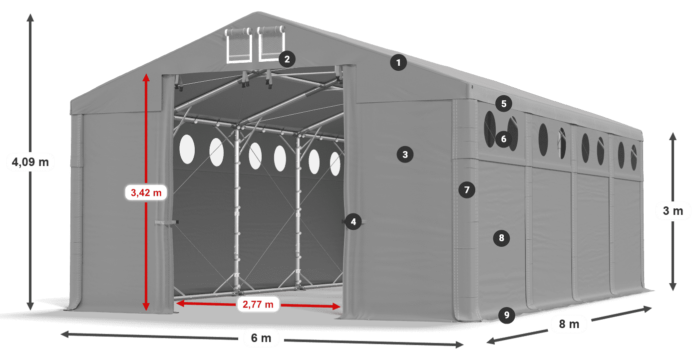 Střecha: FR 620 PVC Stěny: MS O 580 PVC 3m legenda