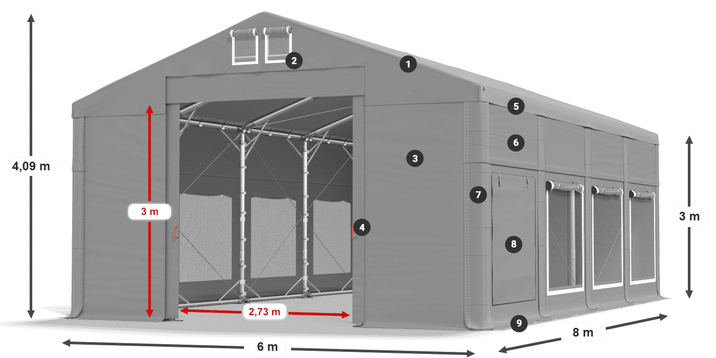 Střecha: FR 620 PVC Stěny: SD 500 PVC 3m legenda