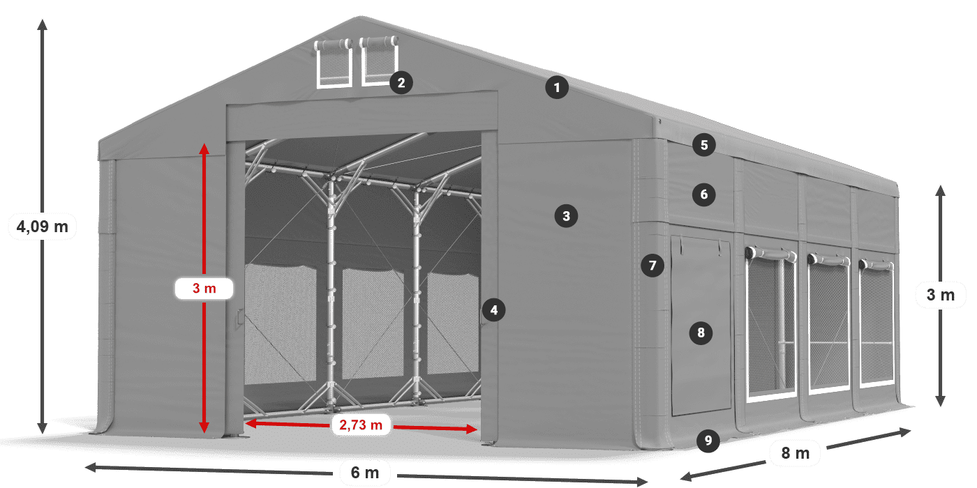 Střecha: FR 620 PVC Stěny: SD 500 PVC 3m legenda