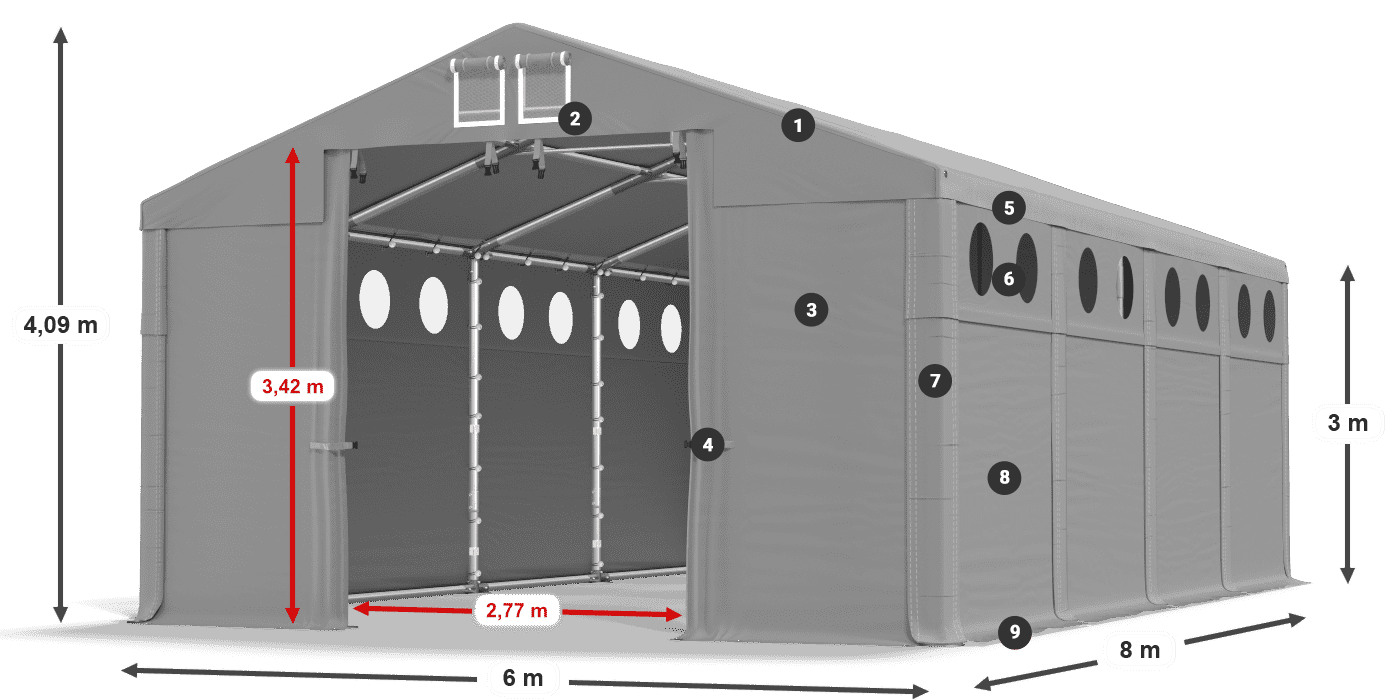 Střecha: MS 580 PVC Stěny: FR O 620 PVC 3m legenda