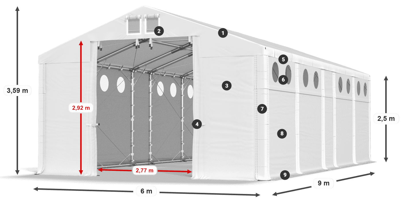 Střecha: FR 620 PVC Stěny: MS O 580 PVC 2,5 m legenda