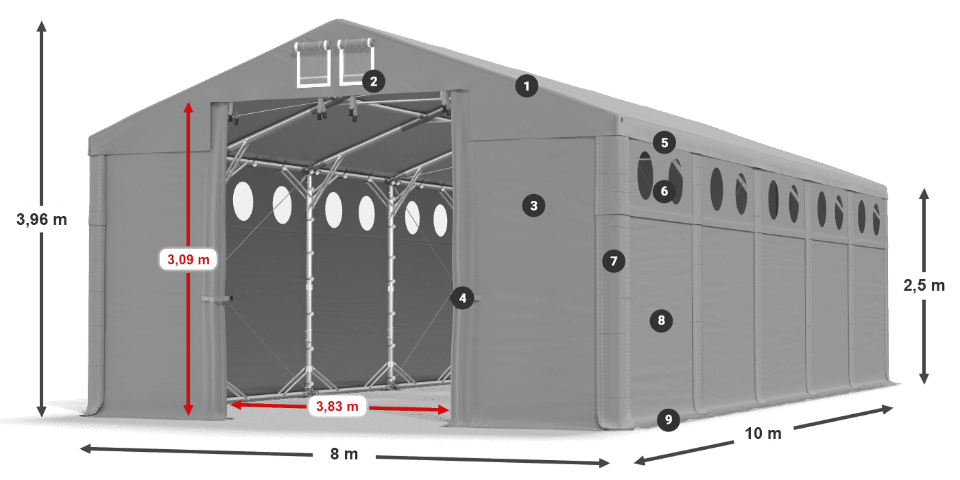 Střecha: FR 620 PVC Stěny: MS O 580 PVC 2,5 m legenda
