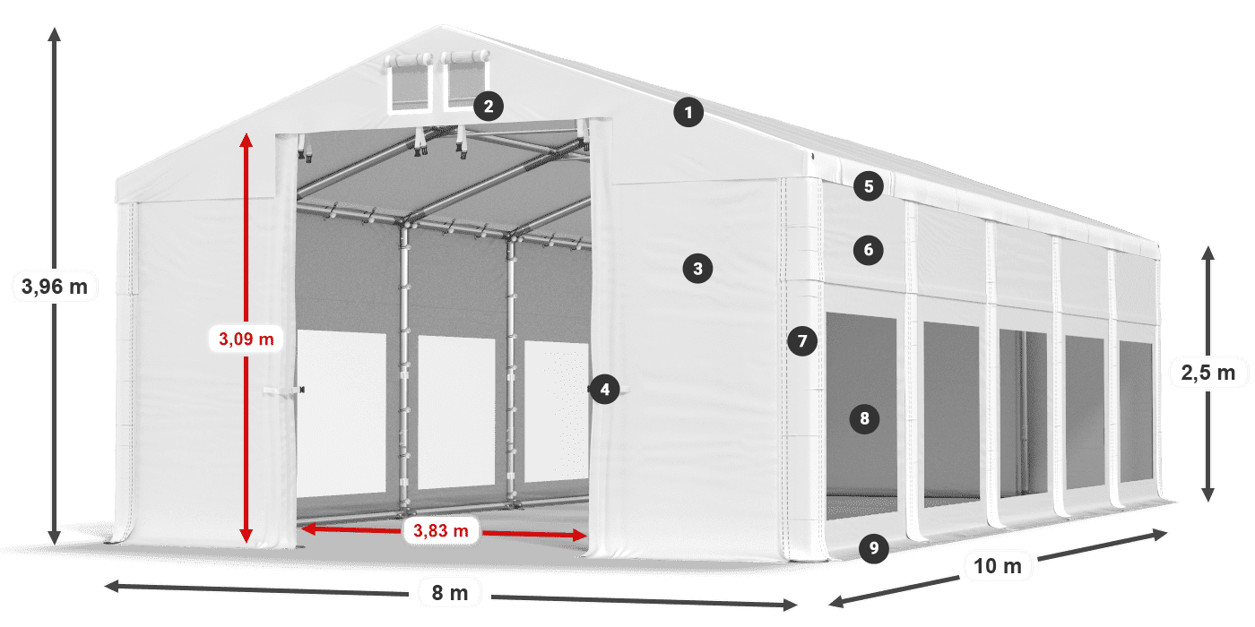 Střecha: FR 620 PVC Stěny: MS 580 PVC 2,5 m legenda