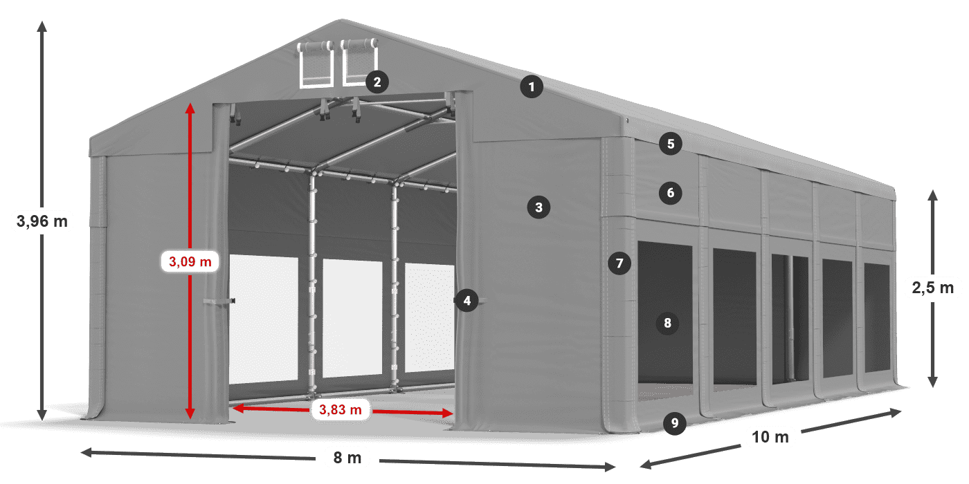 Střecha: FR 620 PVC Stěny: MS 580 PVC 2,5 m legenda
