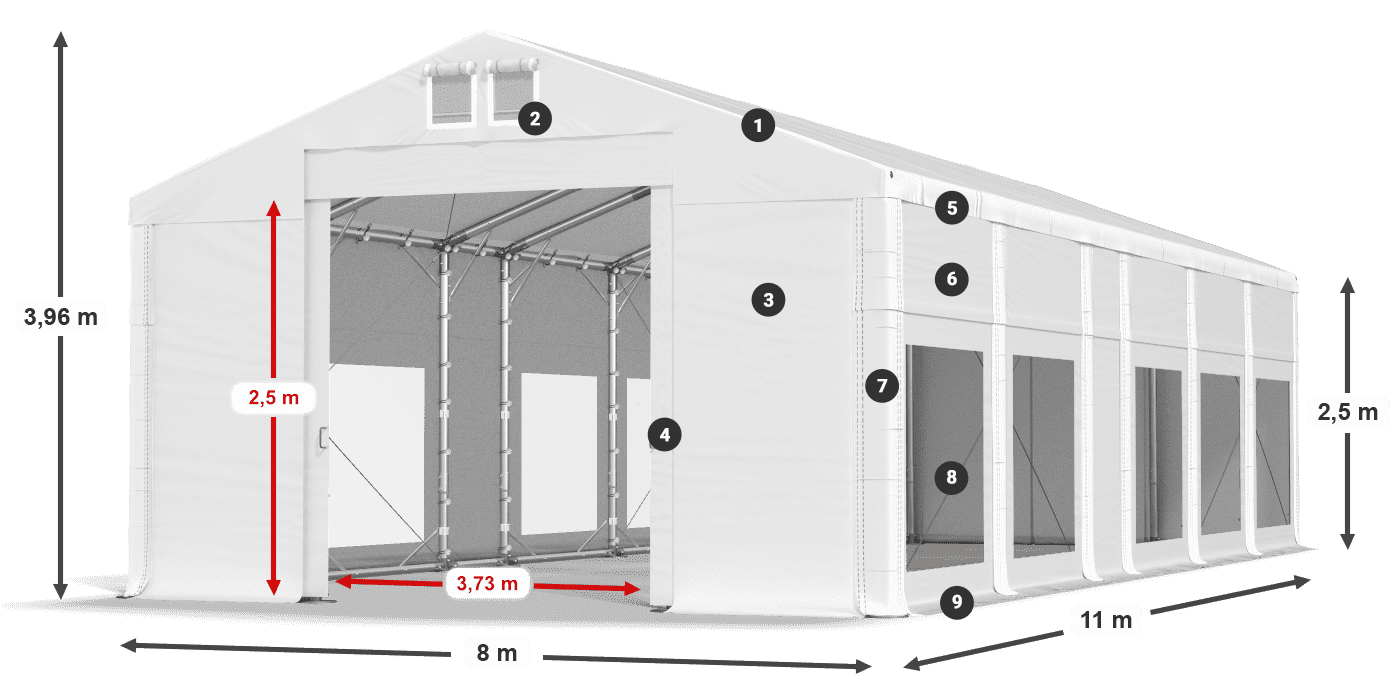 Střecha: FR 620 PVC Stěny: MS 580 PVC 2,5 m legenda