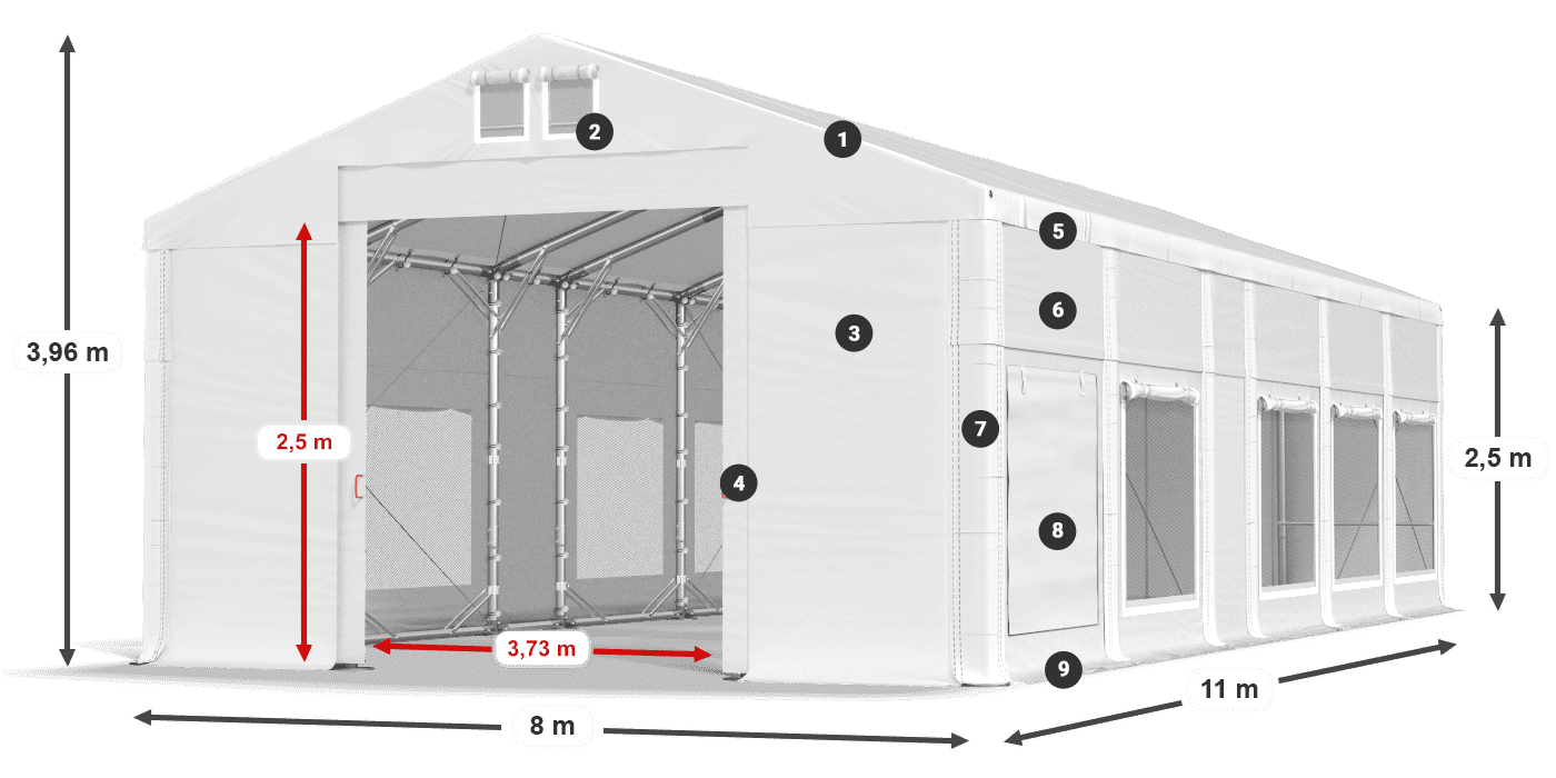 Střecha: MS 580 PVC Stěny: SD M 500 PVC 2,5 m legenda